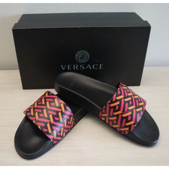Versace Men's Sz 45 US 12 Magenta/Tangerine Gomma Stampa Slide Sandals $450 - Picture 5 of 7